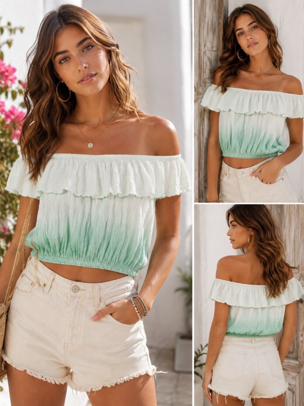 NWT Free People‎ Cora Lee Ombré Ruffle Crop Top Sea Foam Combo XS OB955686